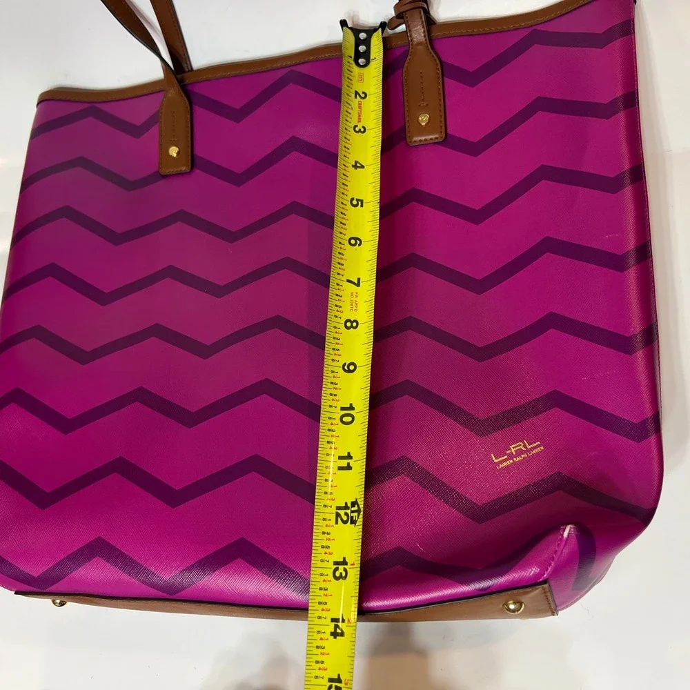 Lauren Ralph Lauren Purple‎ Chevron Tote Bag Brown Straps Gold Hardware Large